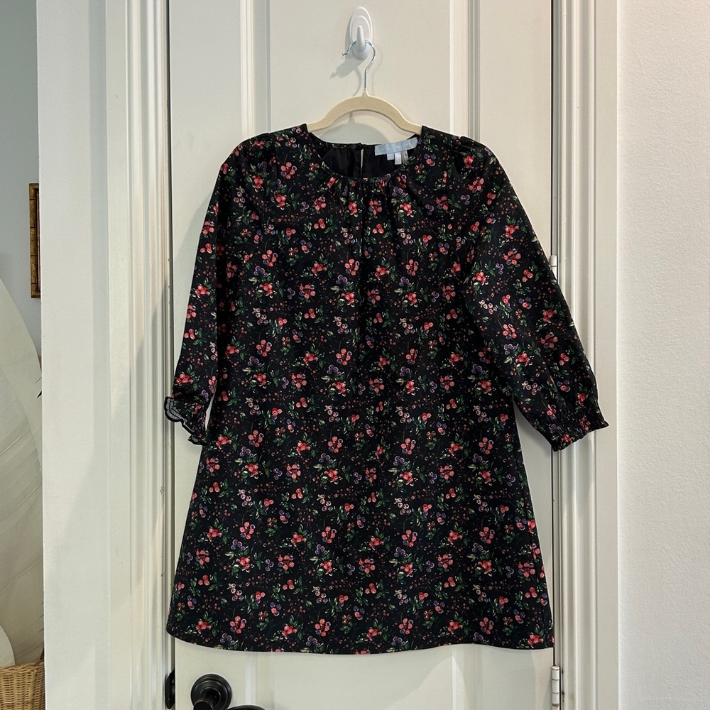 Hill House girls Black Dress with Pink and Green Floral Pattern